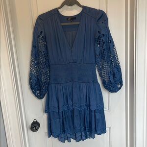 Blue Fit and Flare Satin Dress with Lace Sleeves